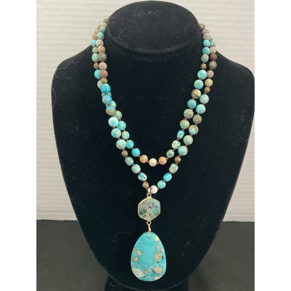 Blue Turquoise Magnesite Pendant Statement Necklace Long Vintage Estate Jewelry